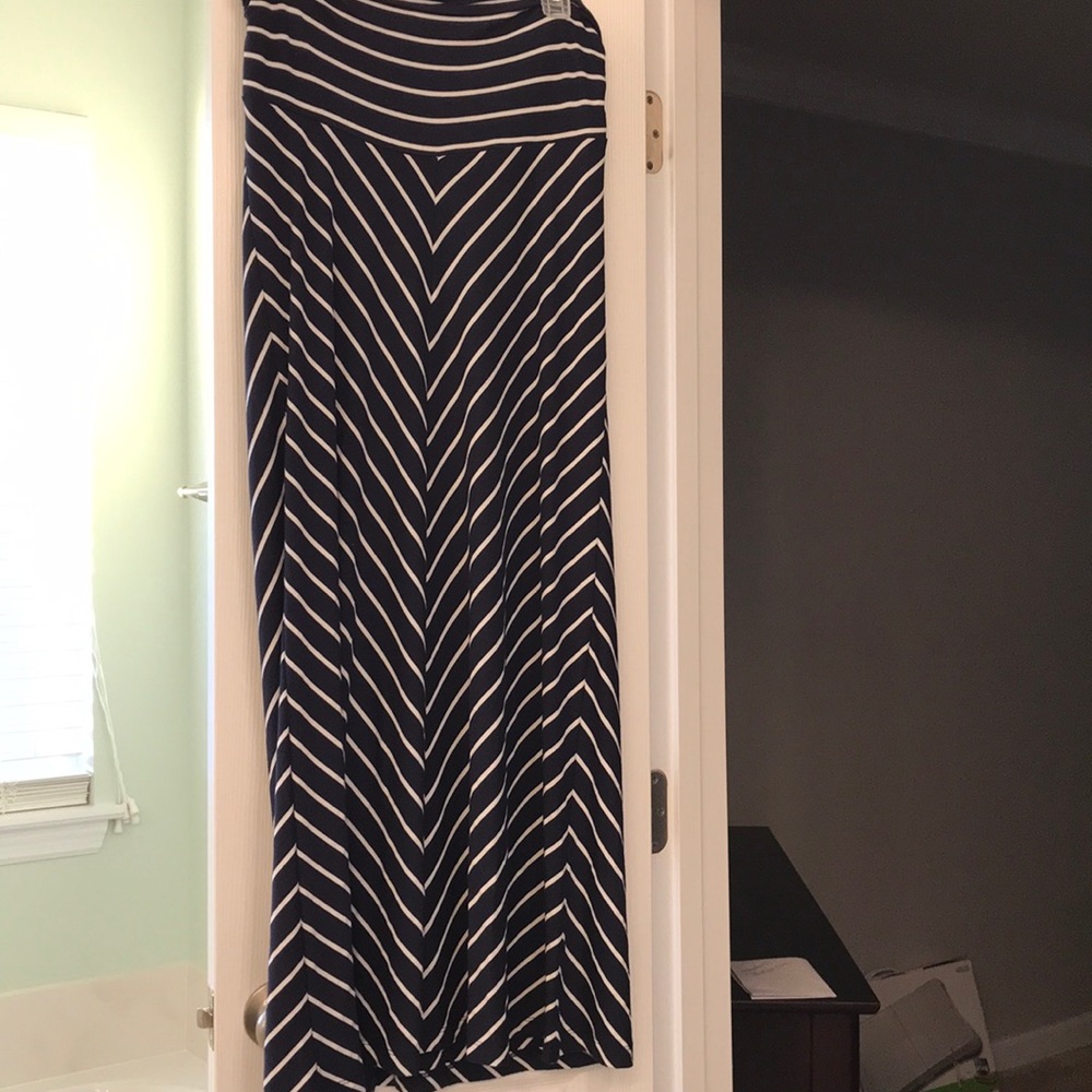 Navy and white striped maxi maternity skirt